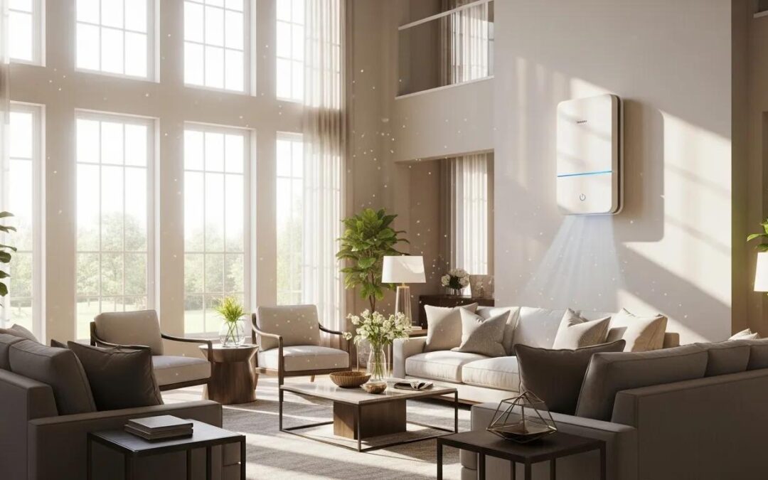 Modern whole-home air purification system in a bright living room, enhancing indoor air quality